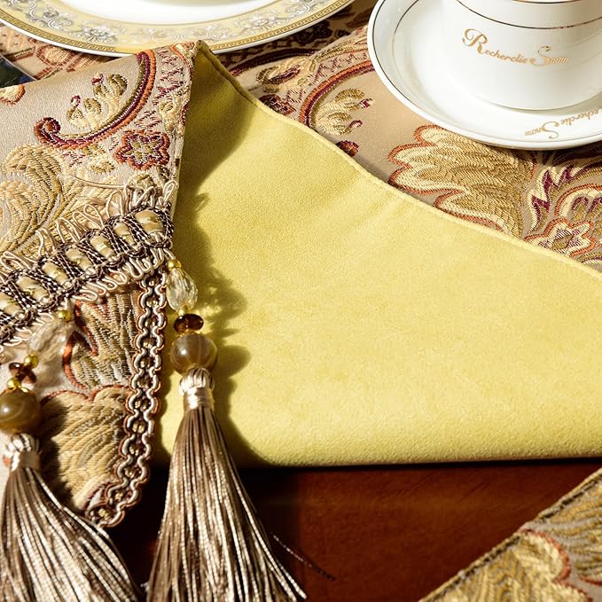 Extra Luxury Velvet Blue Table Runner 120 Inches Long with Vintage Damask Jacquard Design for Dining Room,Living Room,Home Decor,Elegant Beaded Tapestry (Dark Gold, 13×90 inch)