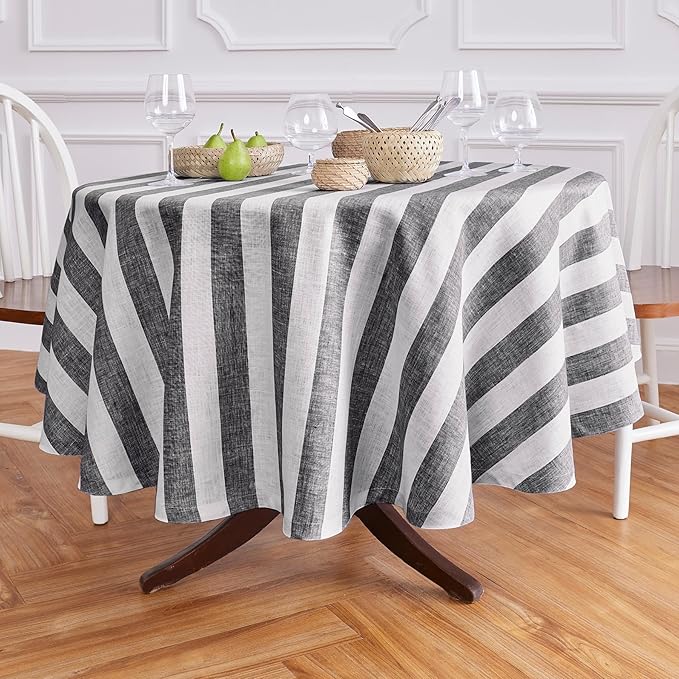 Solino Home Linen Round Tablecloth 70 Inch - Cabana Stripe, 100% Pure Linen Black and White Round Tablecloth - Machine Washable Table Cloth for Fall, Autumn, Thanksgiving
