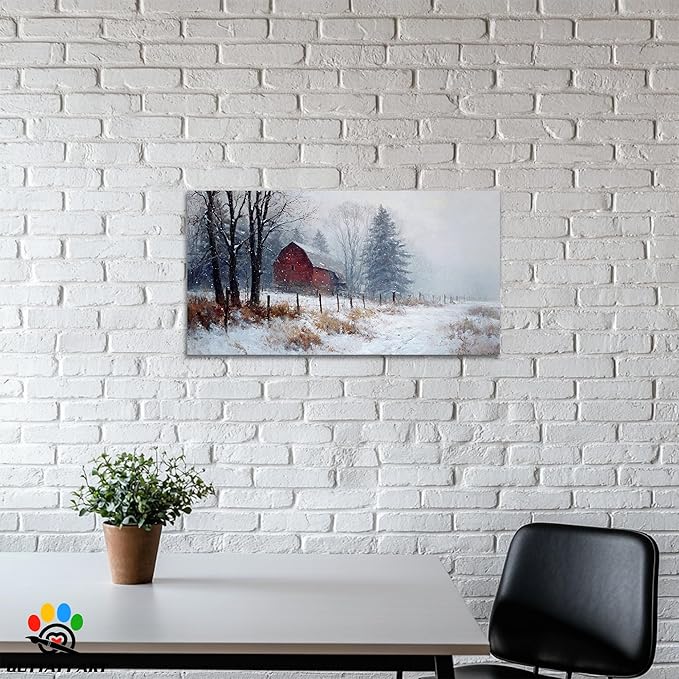 GUTTATY Christmas Winter Scene Canvas Wall Art, Rustic Red Barn Canvas Prints, Snowy Landscape Wall Artwork, Holiday Wall Decor Poster, Cozy Winter Pictures for Living Room, Bedroom, 48x24 Inch
