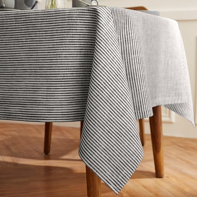Solino Home Linen Striped Tablecloth 60 x 90 Inch - 100% Pure Linen Black and White Table Cloth for Rectangle Tables - Narrow Stripe, Machine Washable Tablecloth for Fall, Winter, Thanksgiving