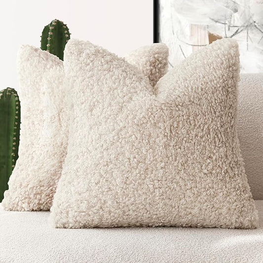 Foindtower 2 Pieces 26x26 Inch Neutral Cream, Faux Fur Throw Pillow Cover Accent Sherpa Pillow Fuzzy Soft Pillowcases Sheepskin Decorative Fleece Cushion Case for Bed Couch Living Room