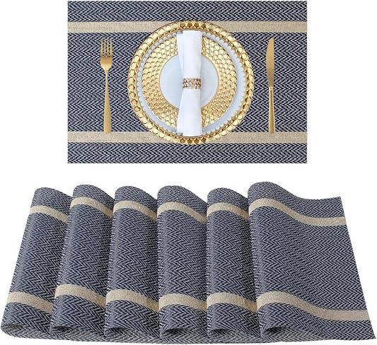 FAVE Placemats Set of 6 Blue Placemats Woven with Golden Thread Durable and Wipeable Vinyl Placemat Heat Resistant Table Mats Set of 6 High Texture Place Mats for Kitchen Table（Blue placemat）