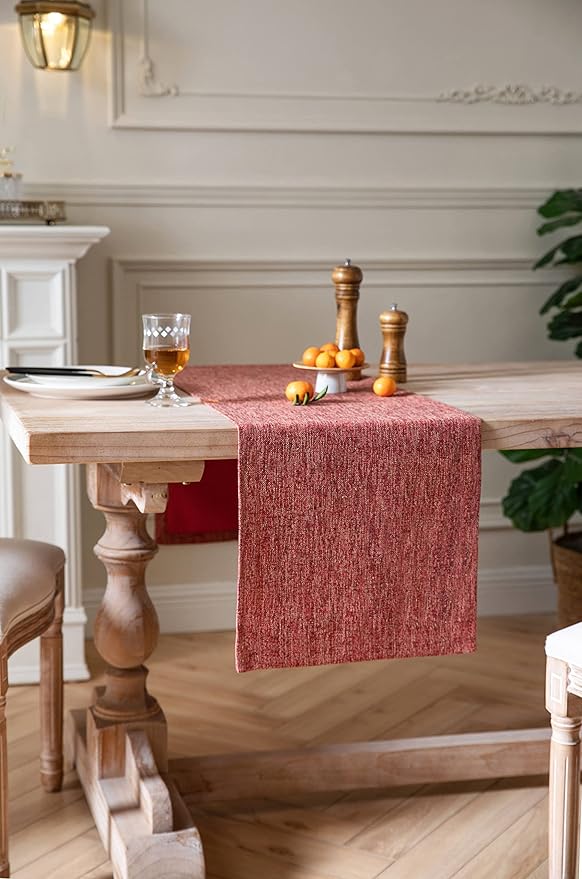 ZeeMart Burlap Style Farmhouse Table Runners 60 Inches Long, Red Rustic Woven Dining Table Runner for Everyday Use, 14x60 Inches, Red