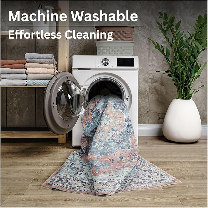 Bloom Rugs Washable Non-Slip 10 ft Runner - Coral/Blue Traditional Medallion Runner for Entryway, Hallway, Bathroom, and Kitchen - Exact Size: 2.5' x 10'
