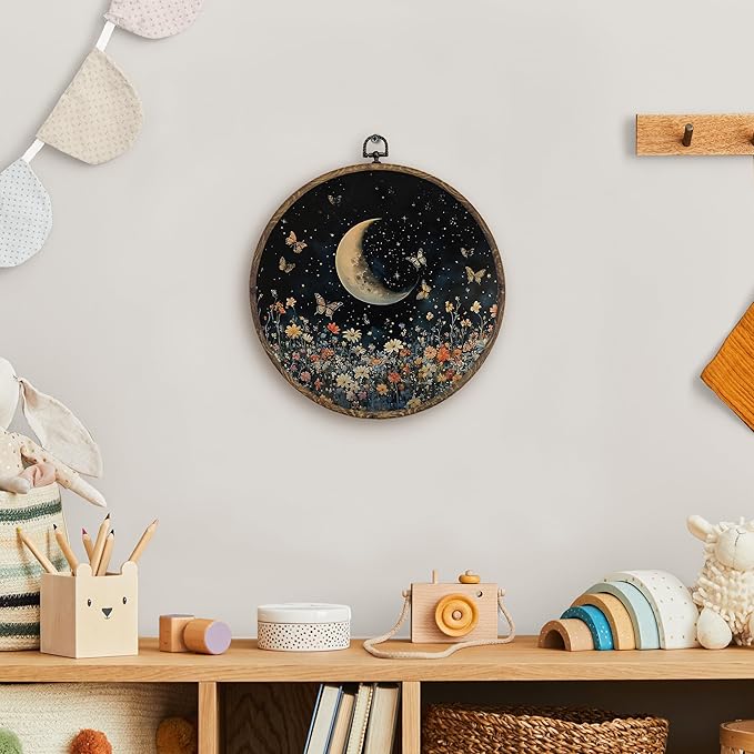 KFXHANGD Vintage Moon Floral Butterfly Round Wall Art Framed, Gothic Botanical Moon Canvas Wall Art Decor, Dark Cottagecore Wildflower Hanging Decor for Bedroom Living Room, 10x10inch