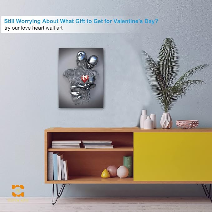 HIPOCAPO 3D Metal Effect Wall Art - Love Heart Canvas Art, Silver Modern Abstract Hug Lovers Painting Picture Poster Prints for Bathroom, Romantic Couple Living Room Framed18''x24''x1Pcs 3d Art-11