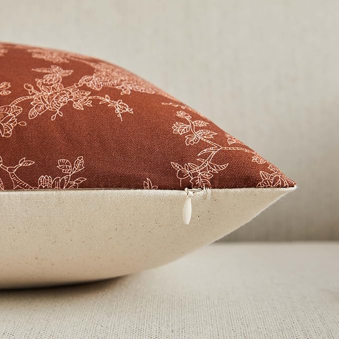 100% Cotton French Pastoral Throw Pillow Covers Set of 2, 20x20 Inch Background/Terracota Farmhouse Decorative Cushion Covers for Sofa Bed Living Room Home Decor