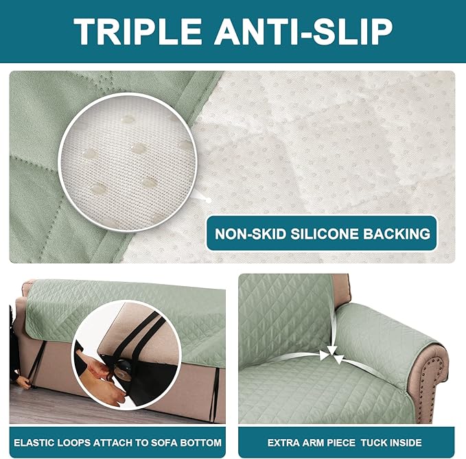 Turquoize 100% Waterproof Sofa Covers Couch Cover Sofa Cover for Dogs Couch Protector Triple Non-Slip Sofa Slipcover for 3 Cushion Couch Furniture Protector for Pets, Kids,Dog (XL Sofa 78", Sage)