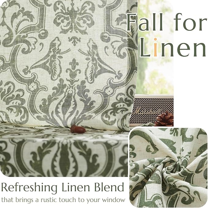 jinchan Linen Curtains for Bedroom Moss Green Damask Patterned Curtains 72 Inches Long for Living Room Light Filtering Vintage Baroque Style Drapes Grommet Window Treatments 2 Panels Set