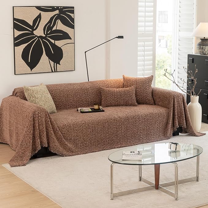DREAMINGO Thickened Chenille Couch Cover 71x118 Inch Washable 2-Seater Sofa Covers Living Room Sectional Couch Slipcovers Modern Furniture Protector with Tassel, Brown Coffee