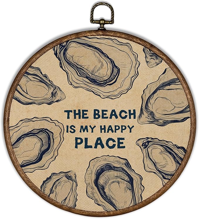XBBMGG Coastal Oyster Wall Art Decor, Vintage The Beach is My Happy Place Oyster Shell Round Wall Hanging Decor, Nautical Seashell Framed Canvas Prints for Living Room Bathroom Decorations, 10x10inch