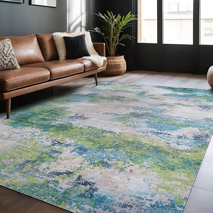Non Slip Rugs 4x6 Modern Abstract Easy Silk Rubber Backing Soft Area Rug for Living Room Easy to Clean Non Shedding Kitchen for Bedroom Indoor Carpet (Teal - Green, 4x6)