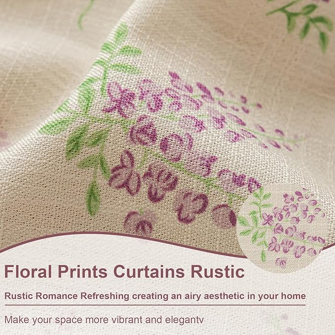 OYX Purple Boho Floral Curtains 84 Inch Length 2 Panels for Living Room, Bedroom Light Filtering Drapes, Farmhouse Country French Rustic Tassels Patterned Rod Pocket Aesthetic Decor Window Treatments
