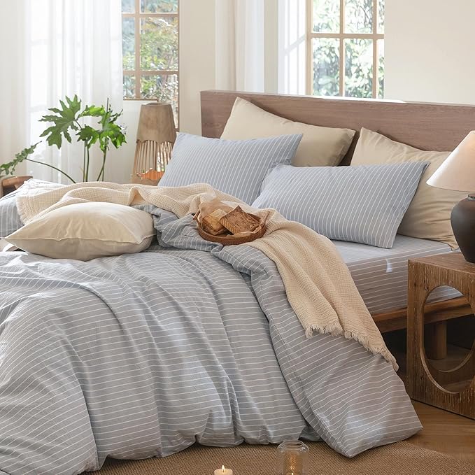 MooMee Striped Duvet Cover Set 100% Washed Cotton Linen Like Textured Breathable Durable Soft Comfy (Cornflower Blue White Wide Stripes, Alaska King 132"x120")
