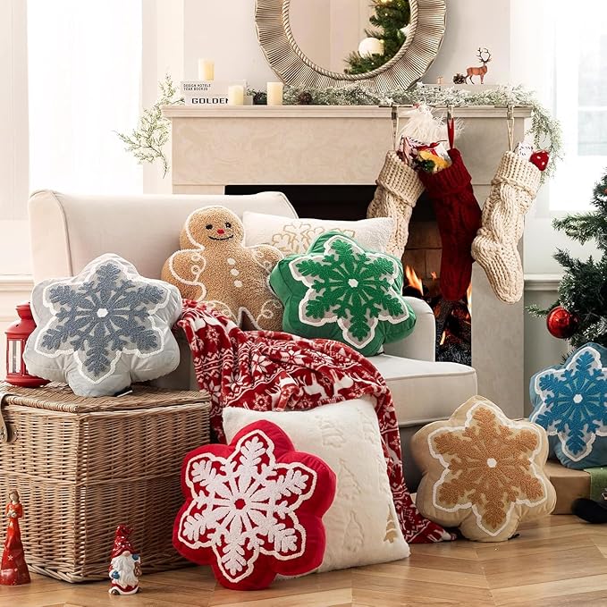 Phantoscope Merry Christmas Snowflake Shaped Throw Pillow, Velvet Xmas Embroidered Snowflake Pillow Decorative Christmas Cushion Pillow for Couch Living Room Bed, Beige, 16 x 16 inches