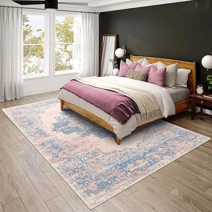 vivorug 9x12 Area Rugs for Living Room, Non Slip Machine Washable Vintage Pink Rug, Ultra-Thin Lightweight Large Area Rug for Bedroom, Dining Room, Low Pile Rug