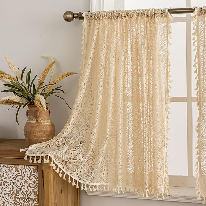 YJ YANJUN Boho Cafe Curtains 30 inch Length 2 Panels,Each 59" W x 30" L, Beige Crochet Kitchen Curtains Above Sink Farmhouse Short Lace Curtain Panels with Tassels for Bathroom Laundry Room Rv