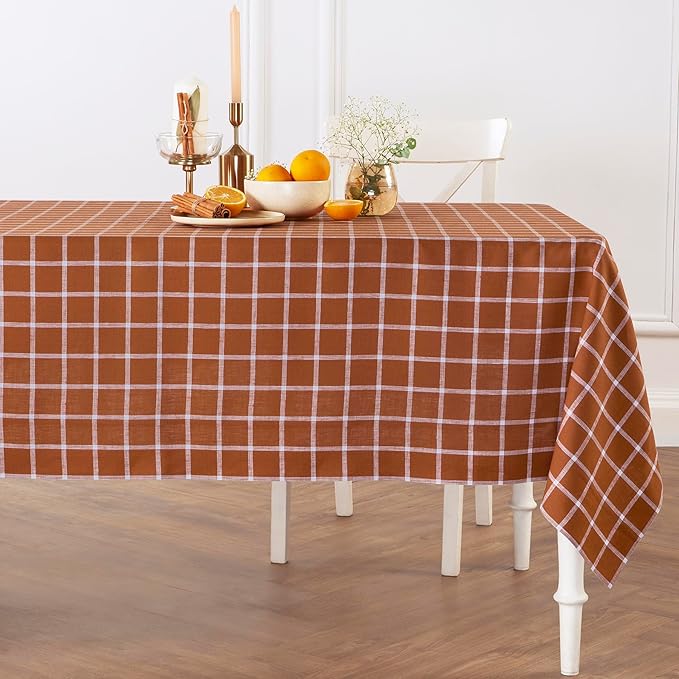 Solino Home Linen Plaid Tablecloth 52 x 52 Inch - 100% Pure Linen Windowpane Cinnamon Table Throw - Machine Washable Square Table Cloth for Fall, Autumn, Thanksgiving, Holiday