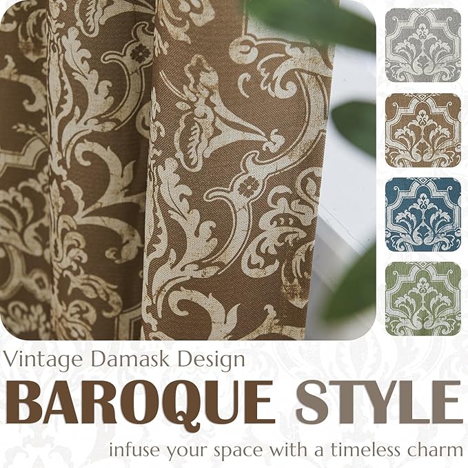 jinchan Room Darkening Curtains for Bedroom Brown Damask Patterned Curtains 84 Inch Length for Living Room Linen Textured Vintage Drapes Medallion Window Treatments Grommet Top 2 Panels Set