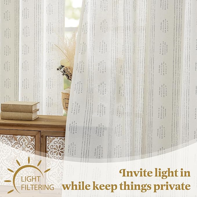 Boho Linen Curtains for Bedroom Living Room Grey Farmhouse Boho Curtains 72 Inches Long Geometric Striped Patterned Mudcloth Grommet Top Light Filtering Window Drapes 2 Panels Gray on Beige