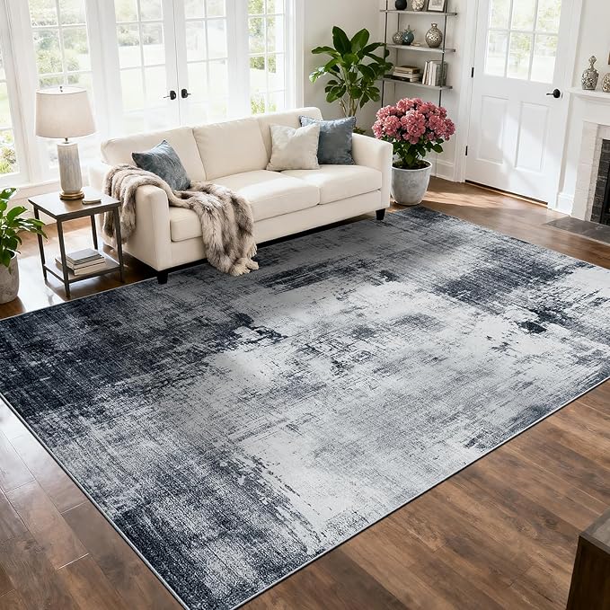 8x10 Area Rug for Living Room Rug,Modern Abstract Washable Large Rug,Non-Slip Stain Resistant Thin Carpet for Entryway Bedroom Dining Room Farmhouse Nursery Home Office-Abstract Blue Gray