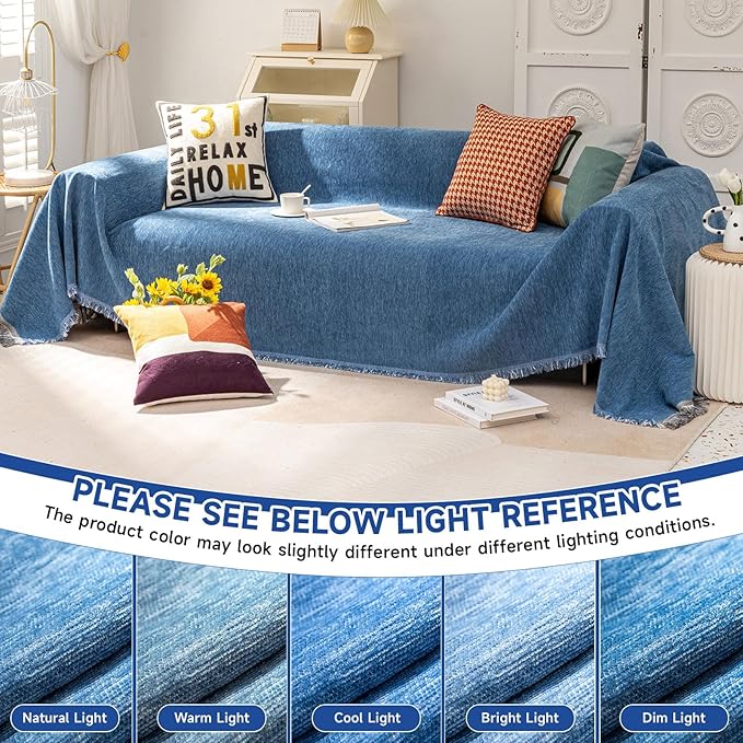 VClife Chair Couch Cover Washable Soft Chenille Chair Slipcover, Anti Slip Blue Armchair Couch Cover for 1 Cushion Couch Sofa, Modern Armchair Sofa Cover with Tassel Pet Furniture Protector, 71"X90"