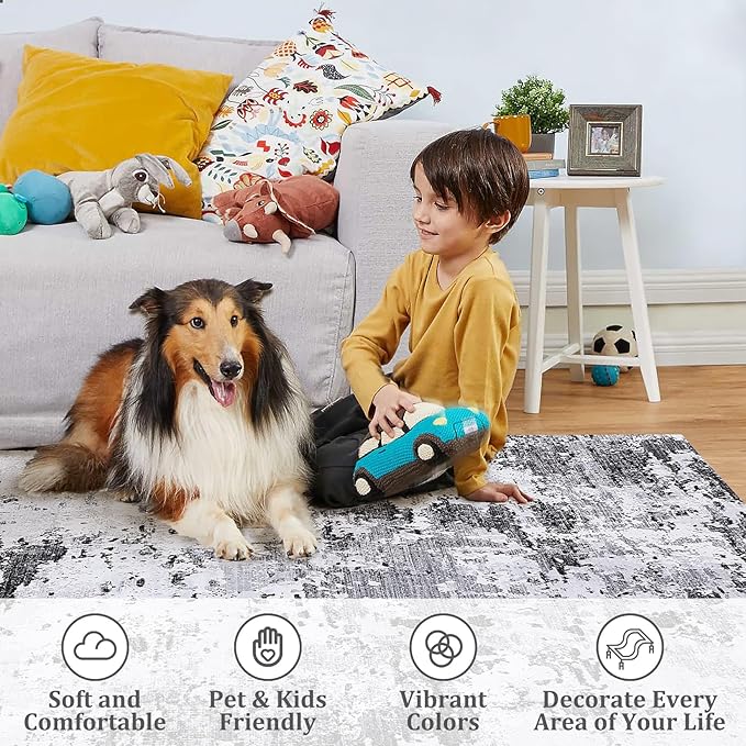 5x7 Modern Abstract Area Rugs Faux Wool Rug Ultra-Soft Low Pile Stain Resistant Machine Washable Carpet for Bedroom with Non Slip Backing, Grey