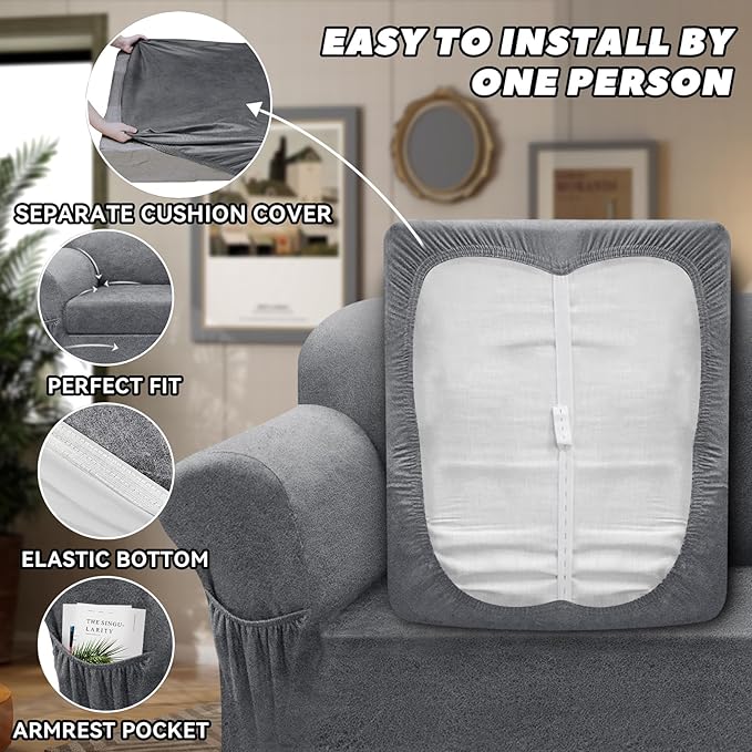 Sofa Slipcover with Armrest Pockets 4-Piece Set, Stretch Faux Leather Extra Large Couch Covers for 3-Cushion Couches(Fits 98-112") - Machine Washable, Pet & Kid Friendly - Light Gray