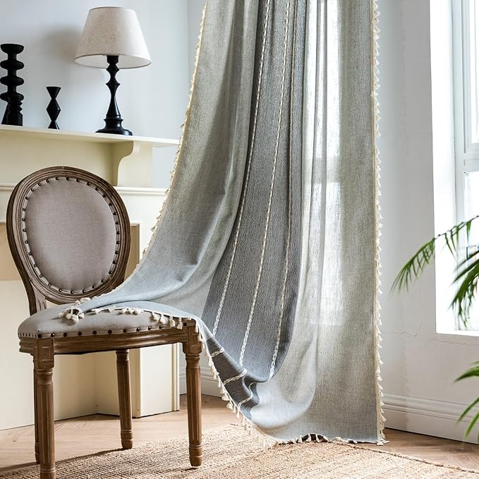Sutuo Home Boho Curtains 108 inch for Bedroom Living Room, Semi Blackout Linen Farmhouse Shabby Chic Tassels Window Treatment Bohemian Embroidery Drape, Rod Pocket 1 Panel 52" W x 108" L, Gray Linen