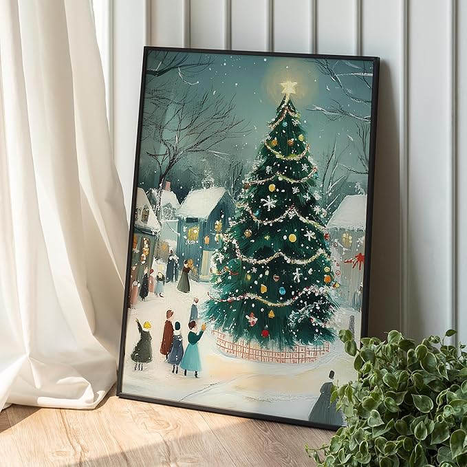 OZCONO Retro Christmas Tree Art, Winter Village Holiday Print, Cozy Seasonal Wall Artwork, Cute and Whimsical Noel Home Decor Idea, Winter Holiday Modern Farmhouse Decoration (Unframed) (27x40)