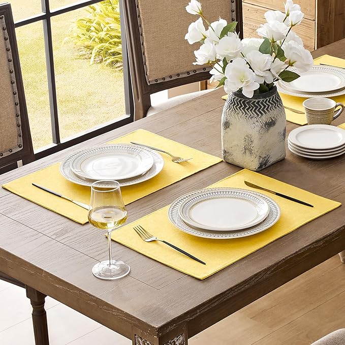 Romanstile Cloth Placemats Set of 6-12 x 18 Inch, Heat Resistant Double Layered Thickened Burlap Place Mats, Washable Faux Linen Farmhouse Table Mats for Kitchen/Dining/Party/Outdoor, Yellow