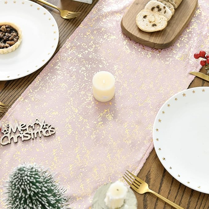 Artoid Mode Pink Dutch Fleece Table Runner, Glitter Metallic Foil Holiday Kitchen Dining Table Decoration for Home Party Decor 13x72 Inch