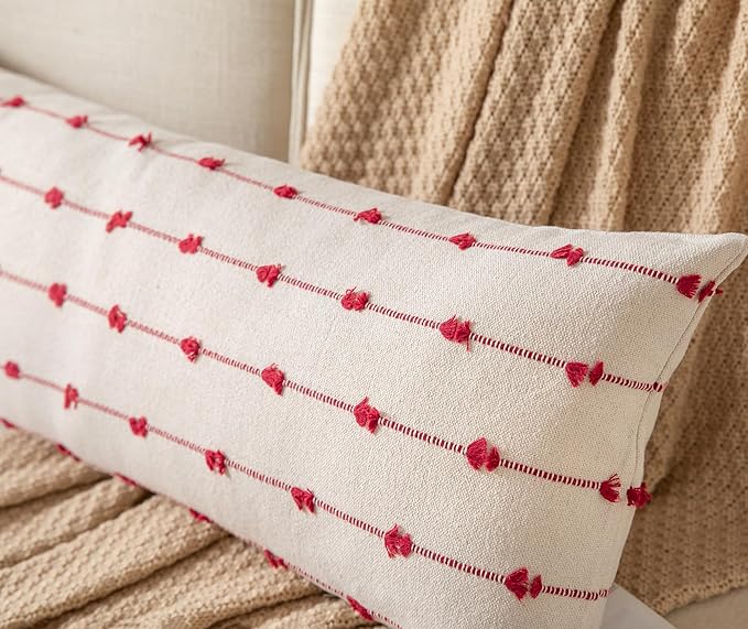 Caflife Boho Christmas Lumbar Pillow Covers 14x36 Long, Farmhouse Decorative Body Lumbar Pillow for Bed and Sofa, Living Room Home Christmas Decor Couch Red Lumbar Pillowcase, Pack of 1