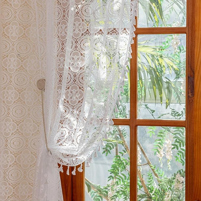 YJ YANJUN Boho Lace Curtains 63 Inch Length 2 Panel Sets White Crochet Curtains with Tassel Vintage Rustic Farmhouse Voile Sheer Drapes Privacy Short Curtains for Bedroom Living Room W59 x L63 White