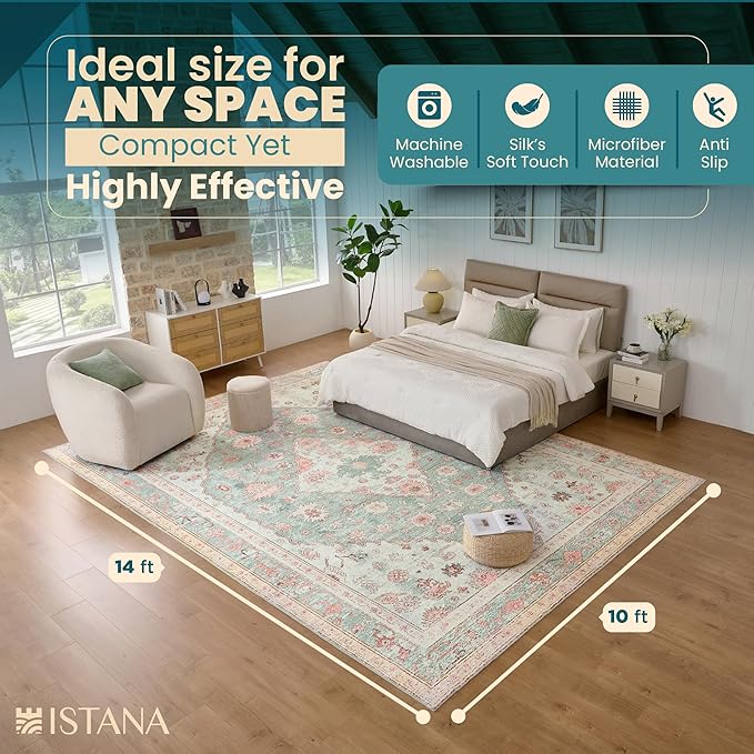Istana Living Room Rug 10x14 - Light Green/Pink 10 x 14 Area Rug - Foldable Machine Washable Area Rugs 10x14 - Stylish 10x14 Area Rugs Boho - Stain Resistant Washable Rug 10x14