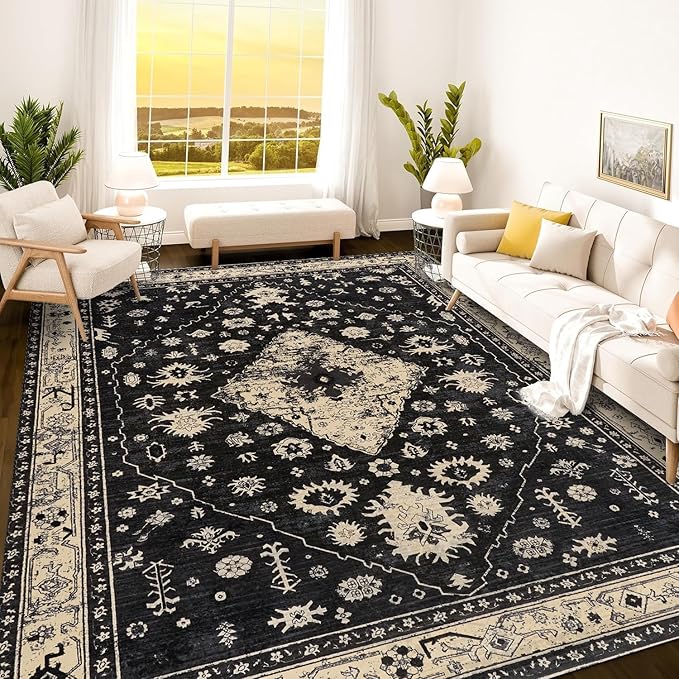 Istana 8x10 Area Rug - Black 8x10 Rugs for Living Room - Foldable Rugs for Bedroom - Stain Resistant Washable Rug - Eco-Friendly Area Rugs - Easy to Clean Living Room Rug