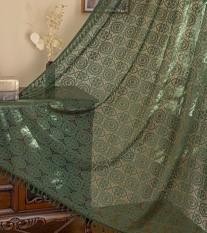 YJ YANJUN Dark Green Lace Curtains 90 Inches Long 2 Panels Boho Crochet Curtains with Tassel for Living Room Country Farmhouse Hollow Drapes for Glass Slide Patio Door W59 x L90 Green