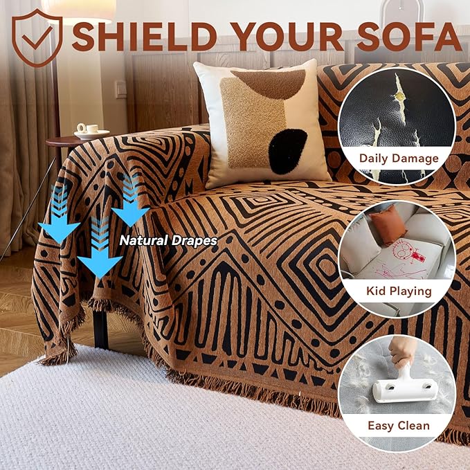 VClife Boho Couch Covers Washable Sofa Cover for Sofa, Luxury Sectional Couch Cover Chenille for 3 Cushion Couch, Anti Slip Pet Sofa Slipcover Dog Couch Cover Throw, Black Pumpkin Geometry, 71"x150"