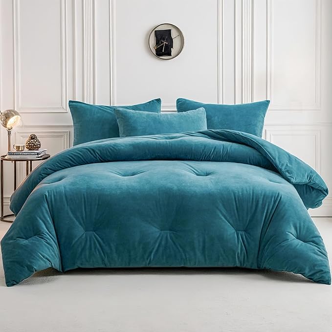 Velvet Comforter Set Twin Size, Blue Fluffy Velvet 3 Piece, Soft Breathable Luxury Winter Warm Bedding Sets, with 1 Cozy Comforter, 2 Pillow Shams (Teal)