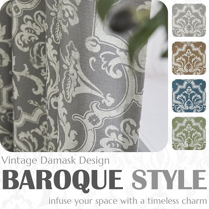jinchan Room Darkening Curtains for Bedroom Grey Damask Patterned Curtains 108 Inch Length for Living Room Linen Textured Vintage 9FT Long Drapes Medallion Window Treatments Grommet Top 2 Panels Set