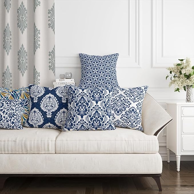 LOVOUS Navy Blue and White Damask Throw Pillow Covers 18x18 Inch Set of 2, Vintage Linen Decorative Pillow Covers for Bed Couch Sofa Bedroom Living Room Home Decor, B15