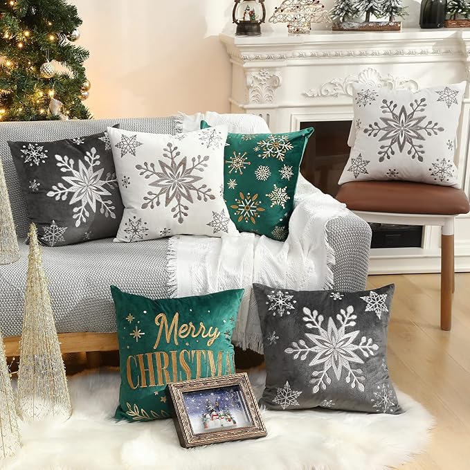 Lewondr Christmas Throw Pillow Covers, 16x16 Inch Snowflake Embroidery Pillow Cases Home Xmas Decorative Holiday Decor Cushion Covers Soft Velvet Pillow Cover for Sofa Bed Chair Set of 2, White
