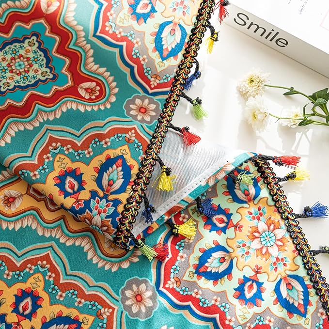 Boho Curtains Geometric Light Filtering Semi-Blackout Window Curtains 84 Inches Long Rod Pocket Drapes for Living Room 2 Panels-Geometric Blue