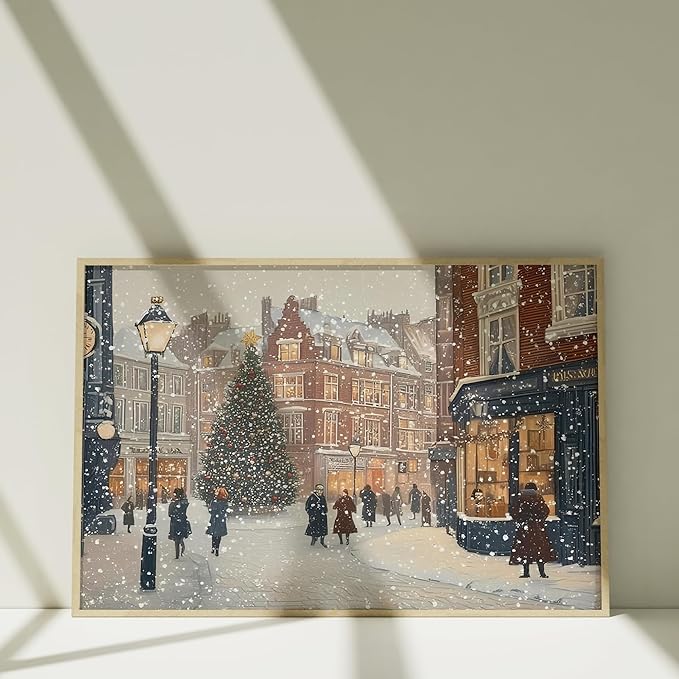 OZCONO Vintage Christmas Town Artwork for Holiday Home Decor, Snowy Winter Street Scene Wall Art, Classic Christmas Village Painting, Cozy Seasonal Winter Decoration (Unframed) (24x36)