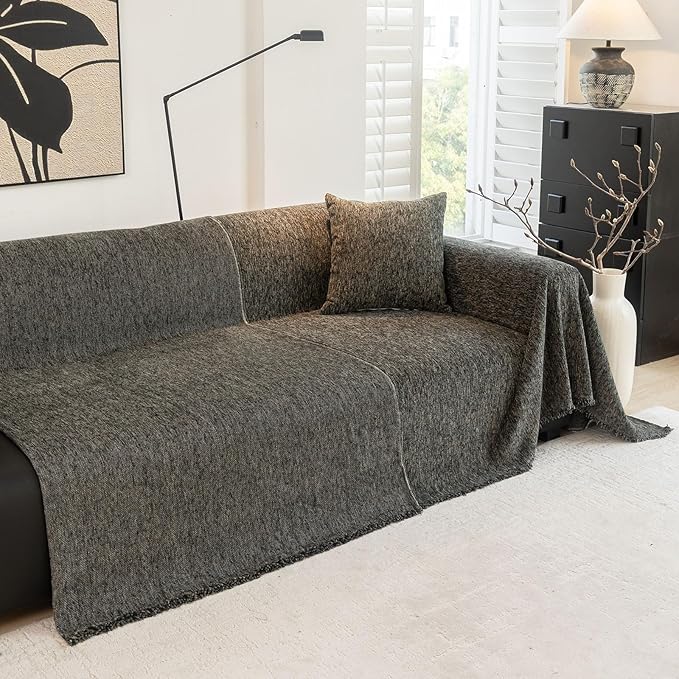 DREAMINGO Thickened Chenille Couch Cover 71x150 Inch Washable 3-Seater Sofa Covers Living Room Sectional Couch Slipcovers Modern Furniture Protector with Tassel, Black Grey