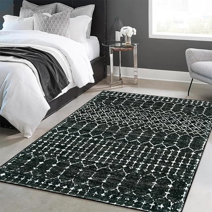 Lahome Moroccan Black Rug for Living Room - Washable Area Rug 5x7 Non-Slip Ultra-Thin Soft Bedroom Rugs Large Stain Resistant Dining Room Rugs, Geometric Print Modren Carpet Rug for Office Entryway