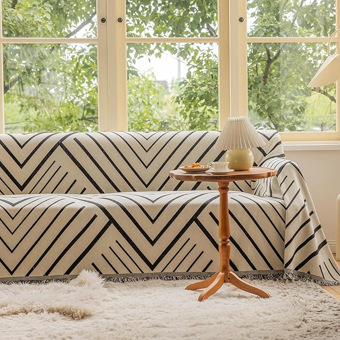VClife Boho Farmhouse Couch Cover 71''x118'', 1 pc Washable Sofa Covers for 2 Cushion Couch Sofa Kids Soft Chenille Beige Black Herringbone Home Decor Couch Covers for Bed Sofa Living Room Slipcover