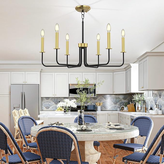 Farmhouse Chandelier, 6-Light Metal Hanging Ceiling Light Fixture for Dining Room, Kitchen Island, Living Room, Entryway, Foyer-Black and Gold