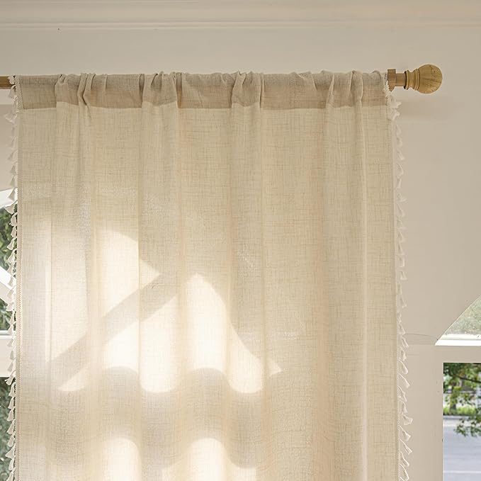 Sutuo Home Ivory Boho Curtains 108 Inches Long, Bohemian Linen Style Textured Curtains with Tassels for Living Room, Semi Blackout Farmhouse Drapes, Rod Pocket Window Treatments 2 Panels, 52" x 108"