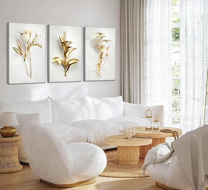 3Pcs Abstract Golden Flower Canvas Wall Art Modern Luxury Minimalism Nordic Floral Plant Painting Picture Wall Decor Poster Print Artwork for Living Room Bedroom Home Decoration